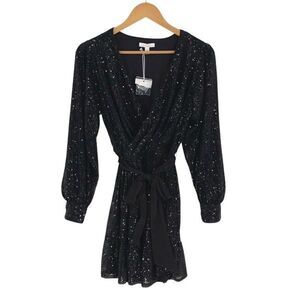 LC Lauren Conrad Womens Sequin Wrap Tie Waist Long Sleeve Mini Dress Black Small